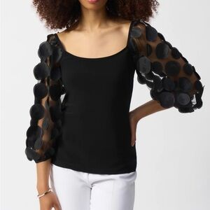 Joseph Ribkoff Black Top with Sheer Polka Dot Sleeves